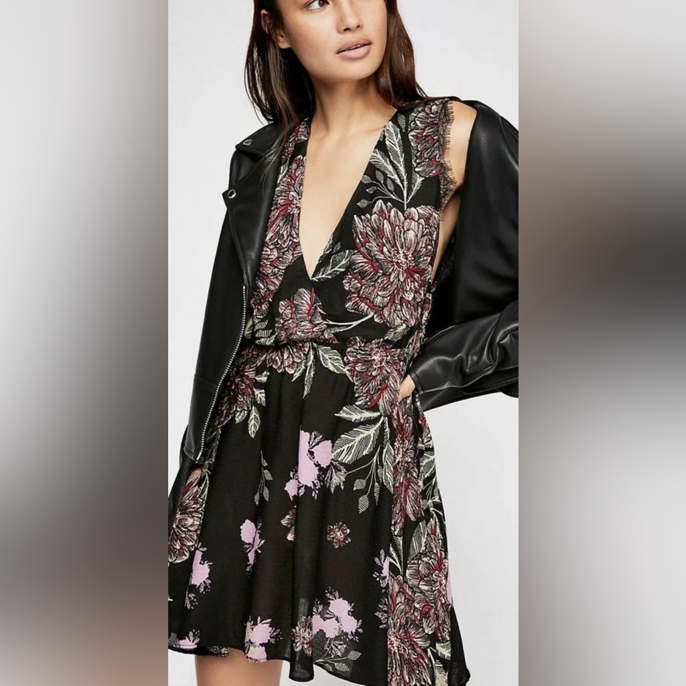 Free People Marnie Floral Plunge Tie Side Swing Mini Dress Black/Plum Size S New